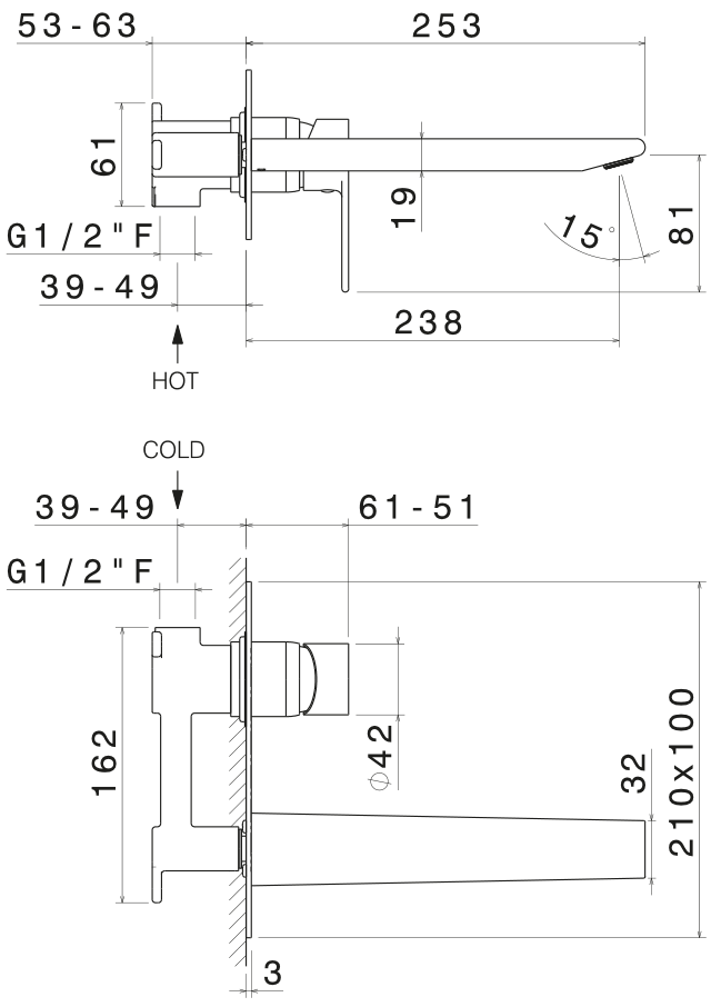 GRUPPO MISCELATORE MONOCOMANDO LAVABO A PARETE L. 240 mm VEMA TIMEA OTTONE V16051