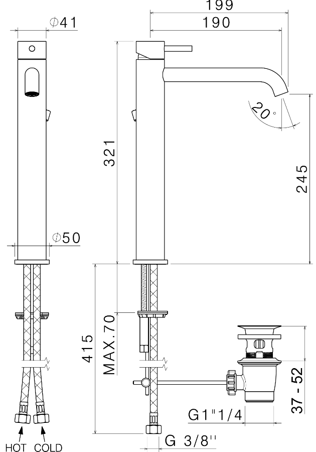 MISCELATORE MONOCOMANDO LAVABO ALTO VEMA TIBER STEEL ACCIAIO V17020 CON SCARICO