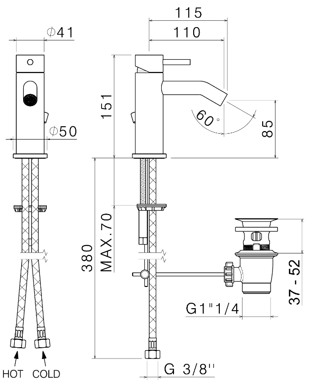 MISCELATORE MONOCOMANDO BIDET VEMA TIBER STEEL ACCIAIO V17070 CON SCARICO