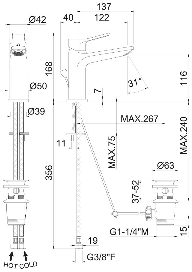 MISCELATORE MONOCOMANDO LAVABO VEMA PARANA' OTTONE V22010 CON SCARICO