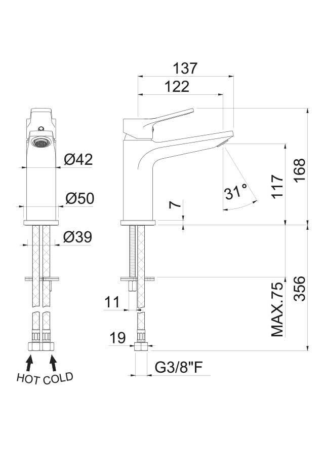 MISCELATORE MONOCOMANDO LAVABO VEMA PARANA' OTTONE V22011 SENZA SCARICO