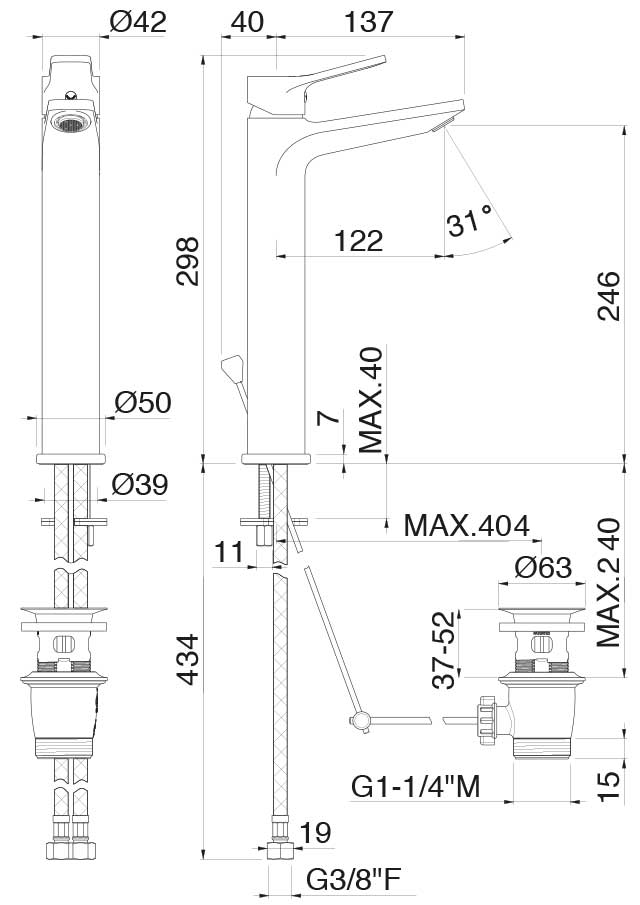 MISCELATORE MONOCOMANDO LAVABO ALTO VEMA PARANA' OTTONE V22020 CON SCARICO