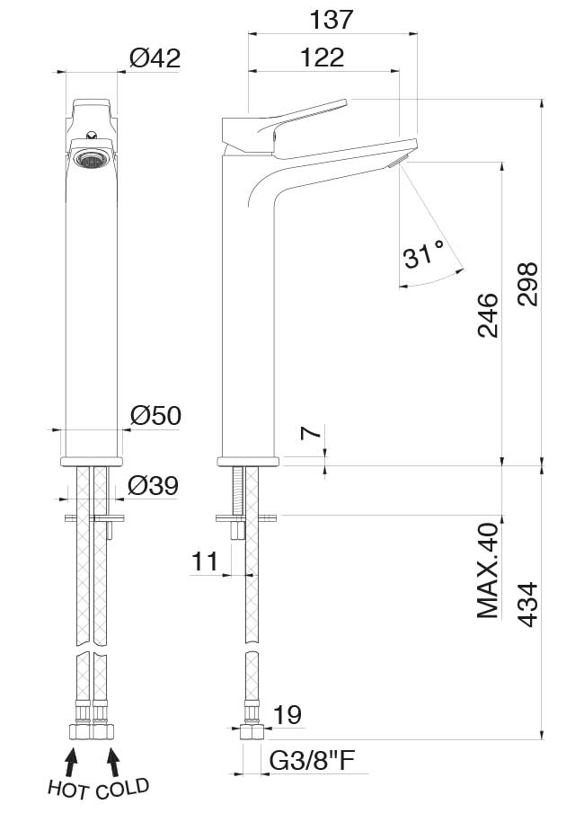MISCELATORE MONOCOMANDO LAVABO ALTO VEMA PARANA' OTTONE V22021 SENZA SCARICO