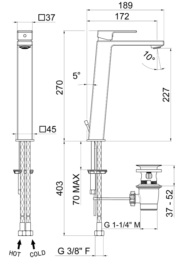 MISCELATORE MONOCOMANDO LAVABO ALTO VEMA LYS OTTONE V25020 CON SCARICO