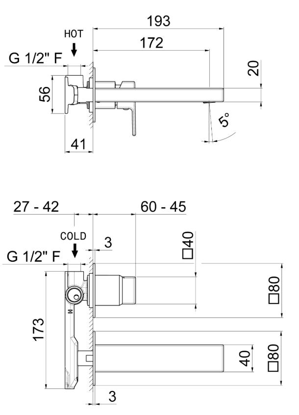 GRUPPO MISCELATORE MONOCOMANDO LAVABO A PARETE VEMA LYS OTTONE V25050