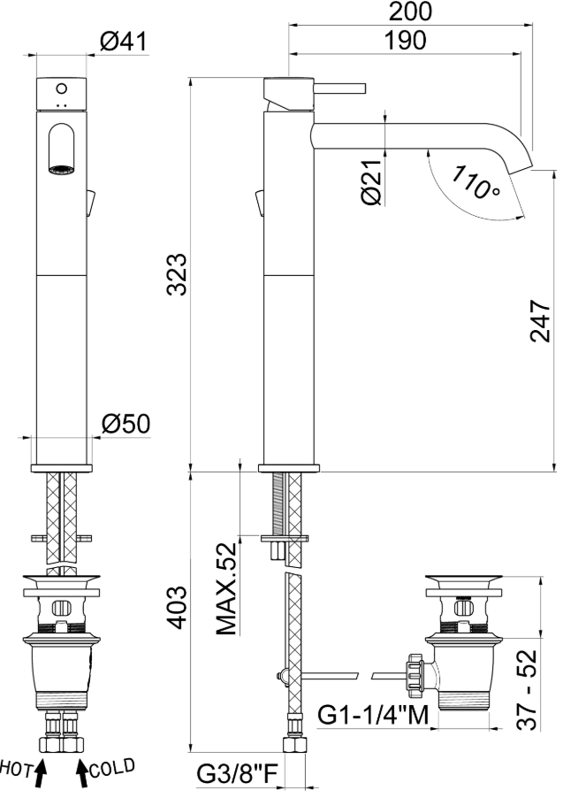 MISCELATORE MONOCOMANDO LAVABO ALTO VEMA MAIRA OTTONE V27020 CON SCARICO