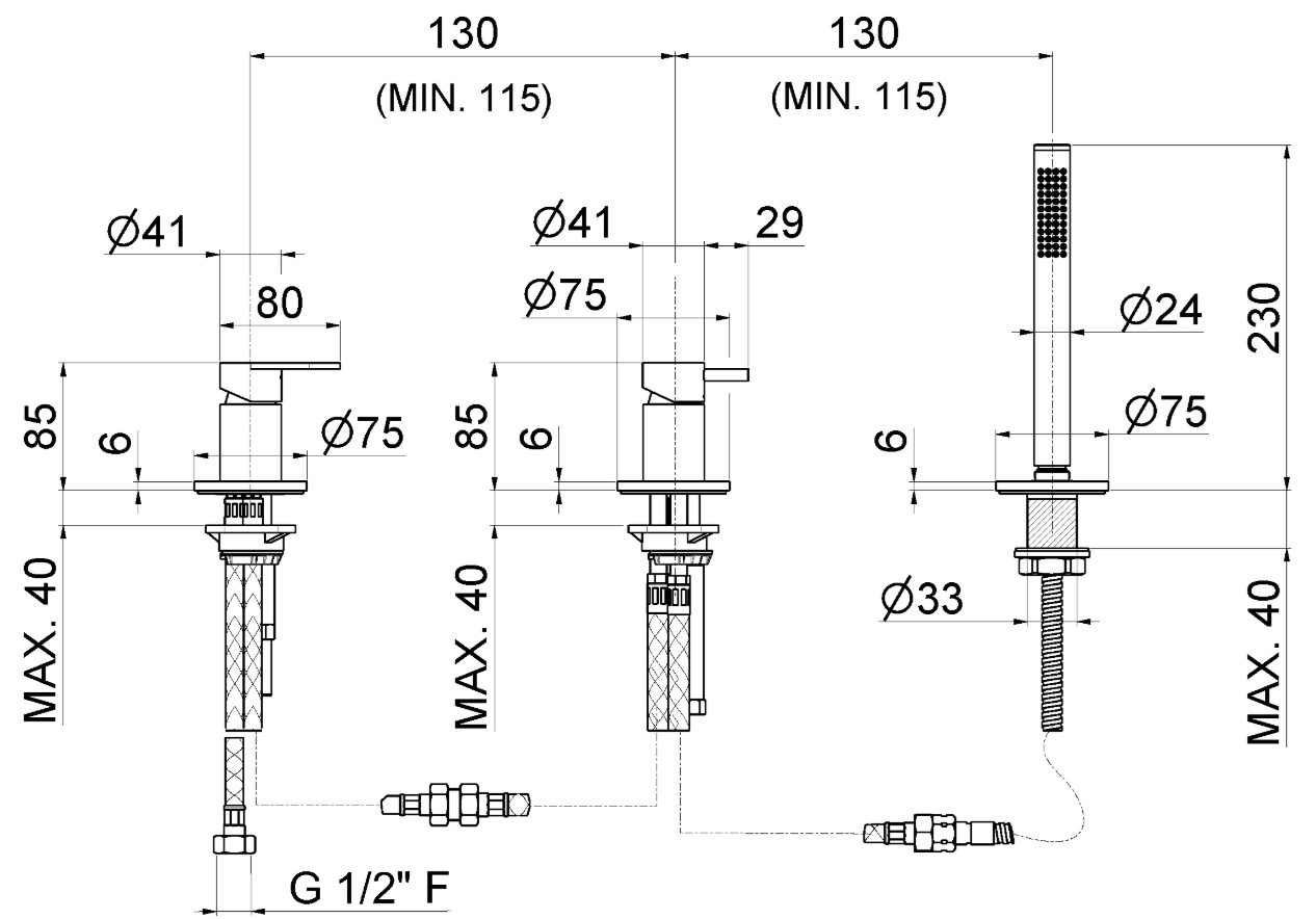 GRUPPO BORDO VASCA CON DEVIATORE VEMA AYAS STEEL ACCIAIO V28160