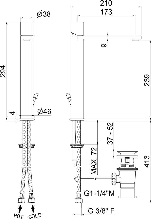 MISCELATORE MONOCOMANDO LAVABO ALTO VEMA VENY STEEL ACCIAIO V29020 CON SCARICO