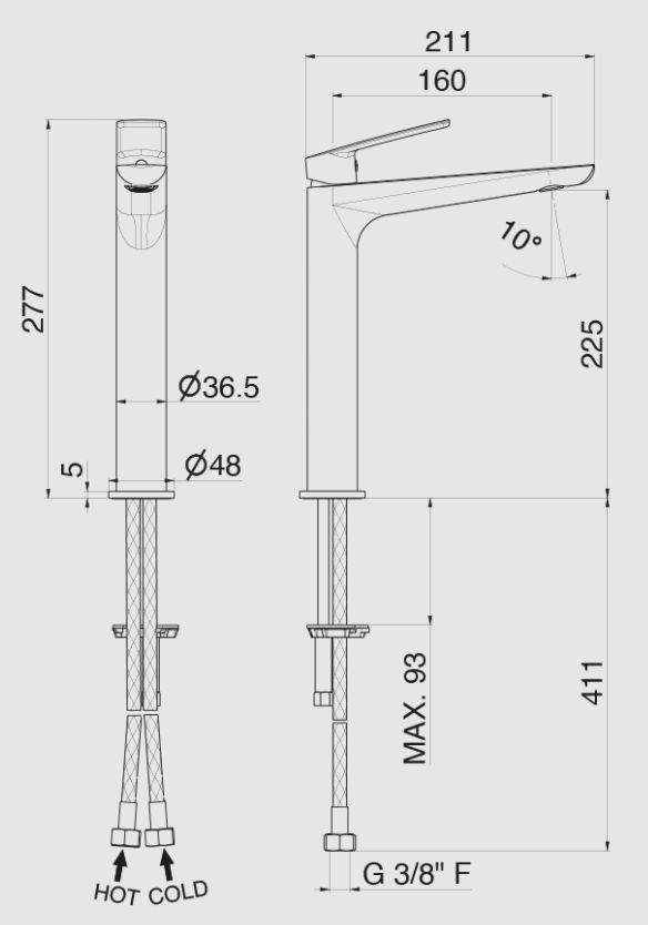 MISCELATORE MONOCOMANDO LAVABO ALTO VEMA OTEN OTTONE V30021 SENZA SCARICO
