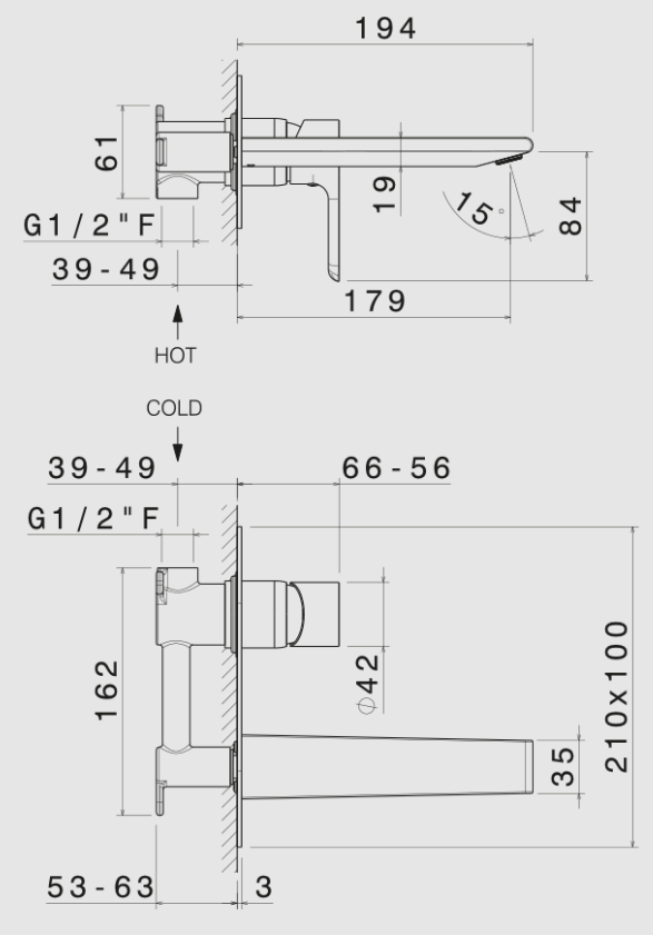GRUPPO MISCELATORE MONOCOMANDO LAVABO A PARETE L. 180 mm VEMA SLATE OTTONE V14050