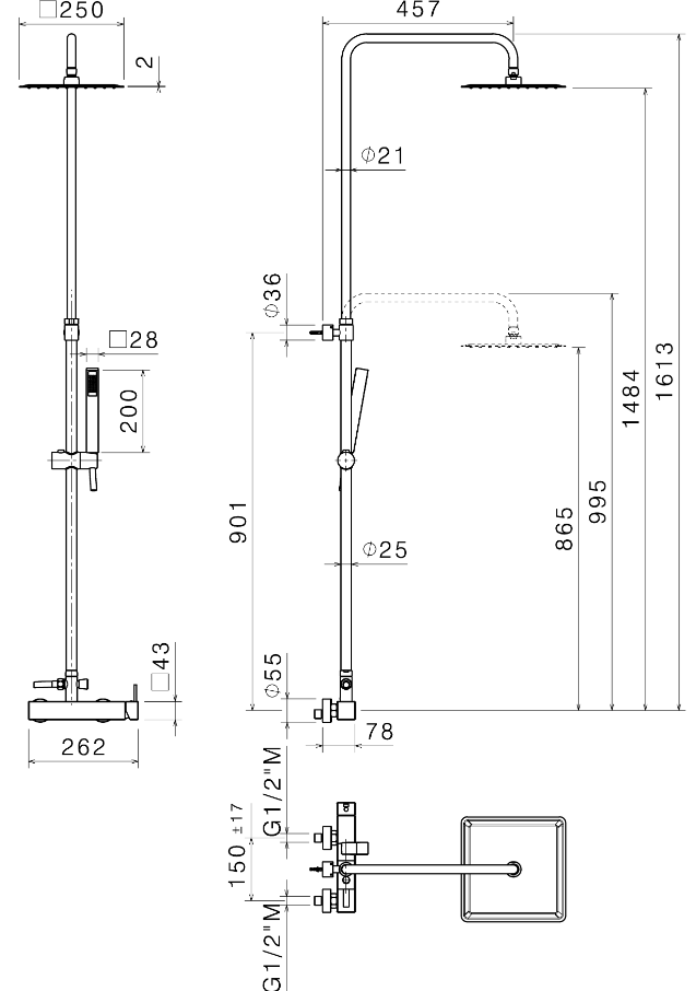 COLONNA DOCCIA DA PARETE CON SOFFIONE QUADRO VEMA WELLNESS BRASS OTTONE V08229