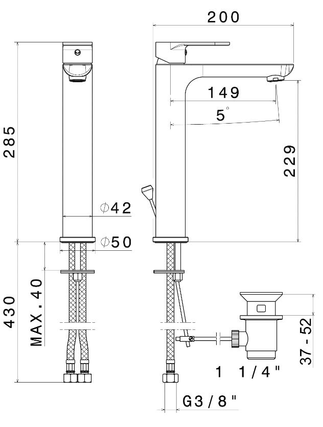 MISCELATORE MONOCOMANDO LAVABO ALTO VEMA SLATE OTTONE V14020 CON SCARICO