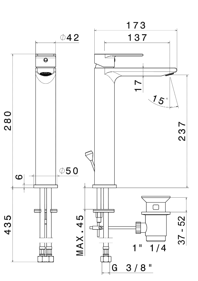 MISCELATORE MONOCOMANDO LAVABO ALTO VEMA TIMEA OTTONE V16021 SENZA SCARICO