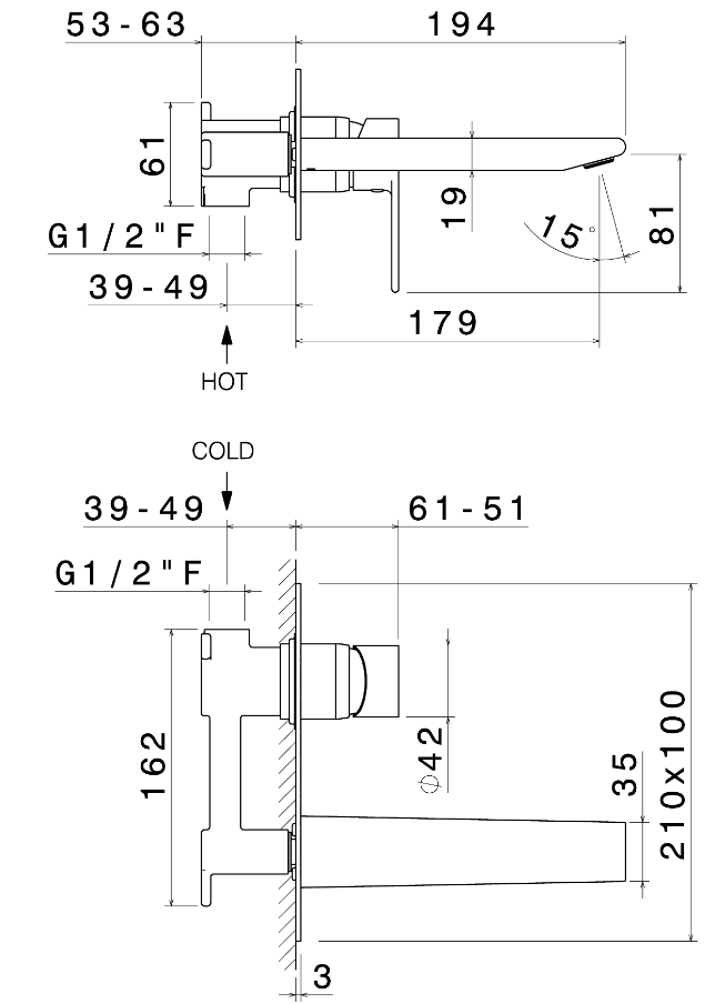 GRUPPO MISCELATORE MONOCOMANDO LAVABO A PARETE L. 180 mm VEMA TIMEA OTTONE V16050