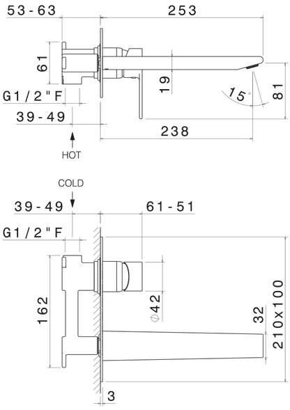GRUPPO MISCELATORE MONOCOMANDO LAVABO A PARETE L. 240 mm VEMA TIMEA OTTONE V16051