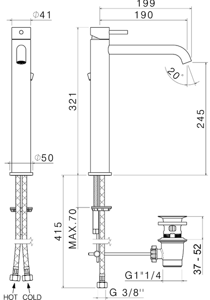 MISCELATORE MONOCOMANDO LAVABO ALTO VEMA TIBER STEEL ACCIAIO V17020 CON SCARICO