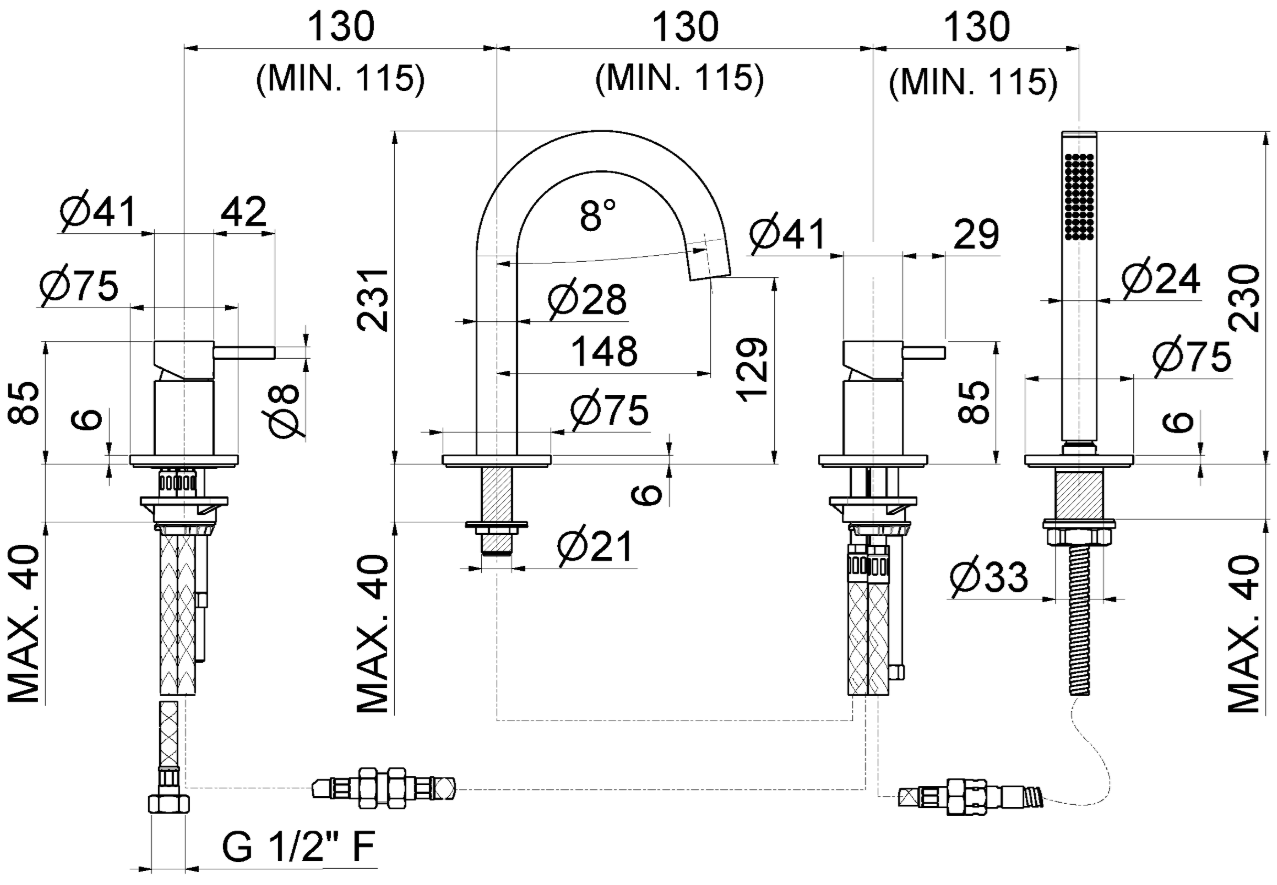 GRUPPO BORDO VASCA CON DEVIATORE VEMA TIBER STEEL ACCIAIO V17150