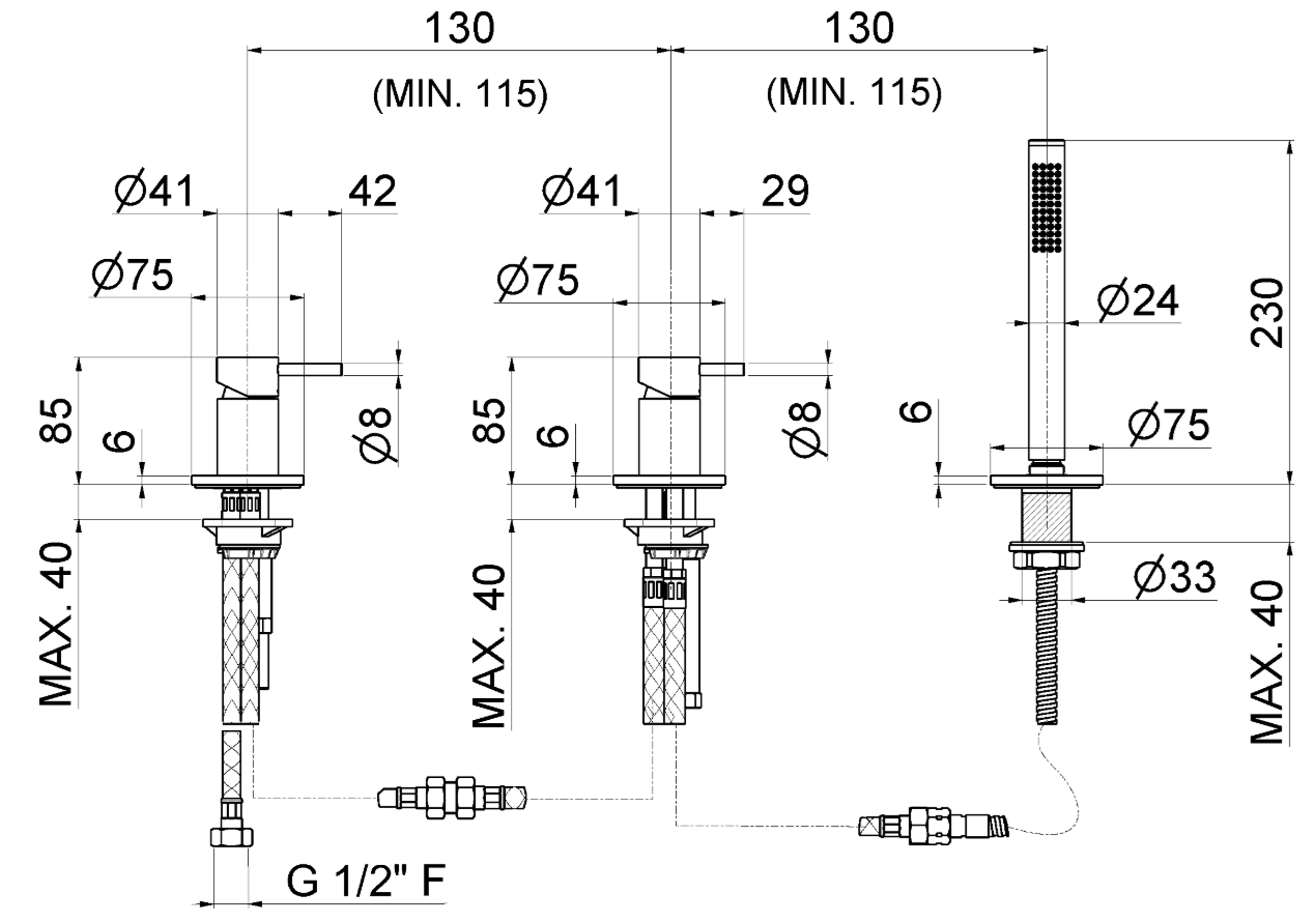 GRUPPO BORDO VASCA CON DEVIATORE VEMA TIBER STEEL ACCIAIO V17160