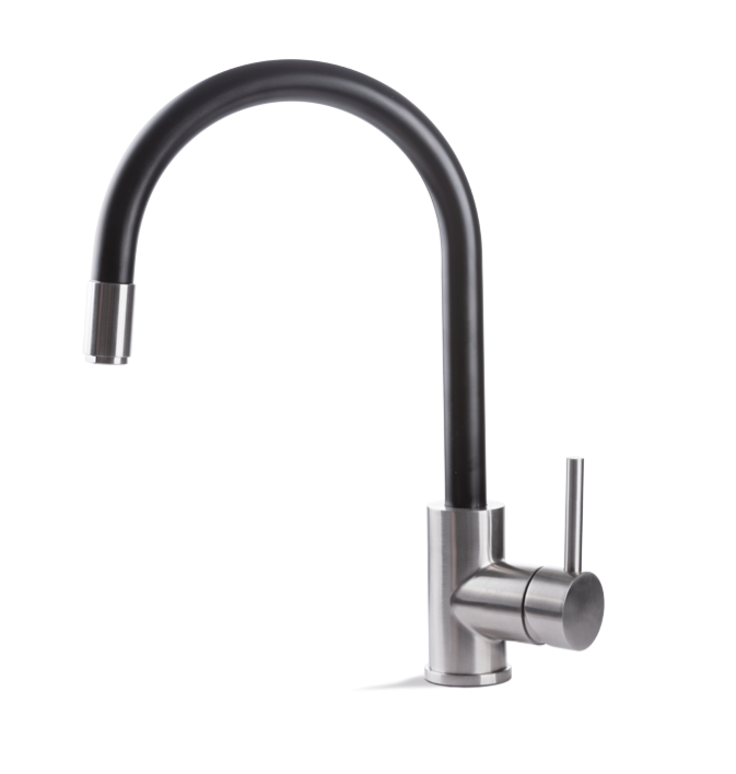 MISCELATORE MONOCOMANDO LAVELLO CANNA TONDA NERA VEMA TIBER STEEL KITCHEN ACCIAIO V18023