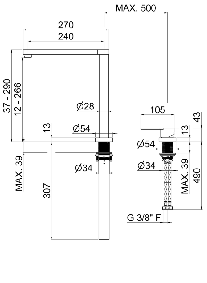 MISCELATORE MONOCOMANDO LAVELLO CANNA PIATTA VEMA REKA ACCIAIO V20023
