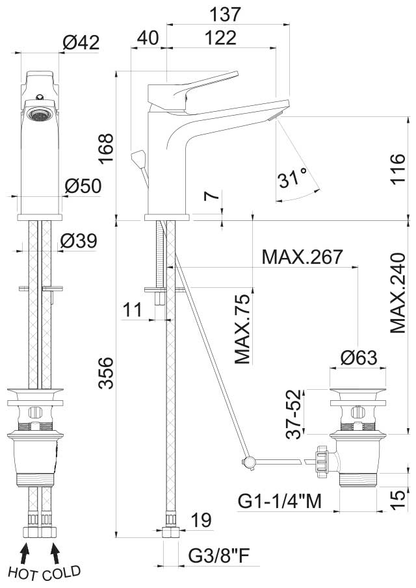 MISCELATORE MONOCOMANDO LAVABO VEMA PARANA' OTTONE V22010 CON SCARICO