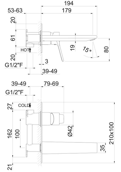 GRUPPO MISCELATORE MONOCOMANDO LAVABO A PARETE L. 180 mm VEMA PARANA' OTTONE V22050