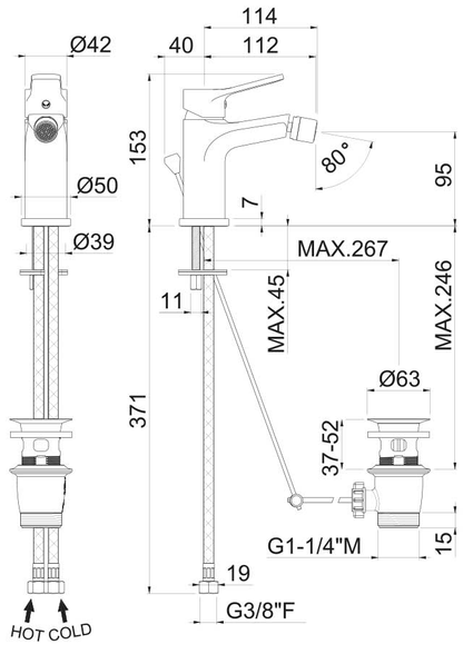 MISCELATORE MONOCOMANDO BIDET VEMA PARANA' OTTONE V22070 CON SCARICO