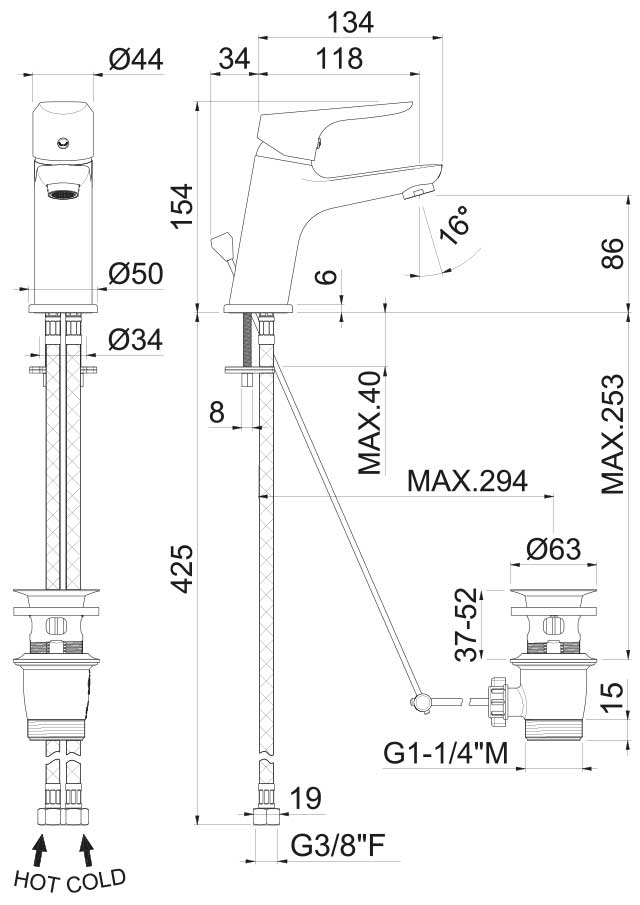 MISCELATORE MONOCOMANDO LAVABO VEMA INDO OTTONE V24010 CON SCARICO