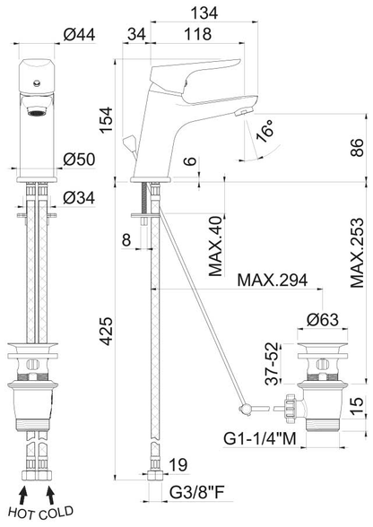 MISCELATORE MONOCOMANDO LAVABO VEMA INDO OTTONE V24010 CON SCARICO