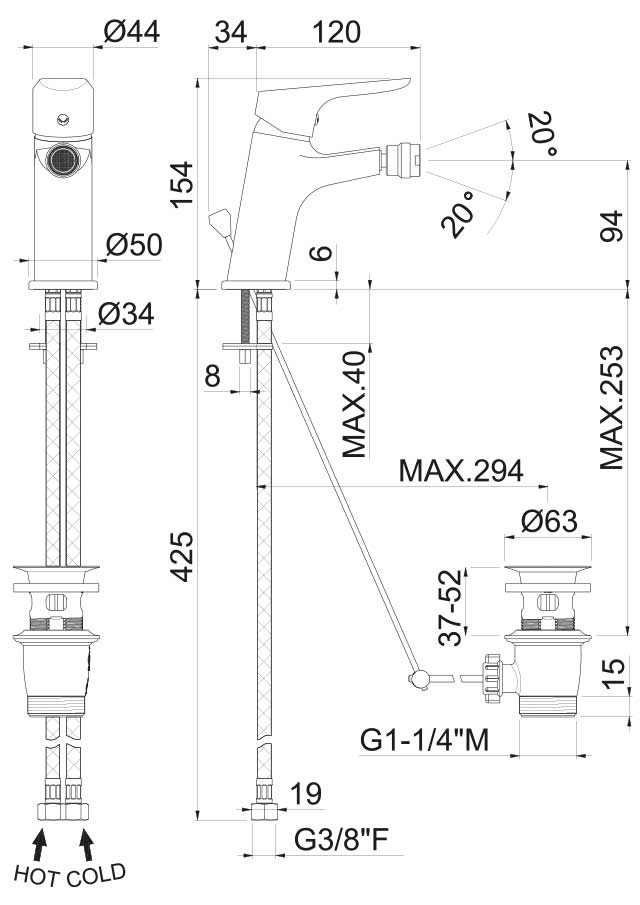 MISCELATORE MONOCOMANDO BIDET VEMA INDO OTTONE V24070 CON SCARICO