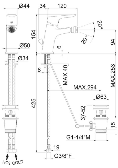 MISCELATORE MONOCOMANDO BIDET VEMA INDO OTTONE V24070 CON SCARICO