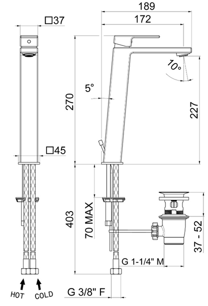 MISCELATORE MONOCOMANDO LAVABO ALTO VEMA LYS OTTONE V25020 CON SCARICO