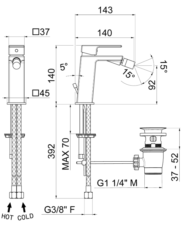 MISCELATORE MONOCOMANDO BIDET VEMA LYS OTTONE V25070 CON SCARICO