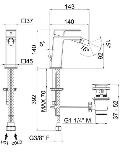 MISCELATORE MONOCOMANDO BIDET VEMA LYS OTTONE V25070 CON SCARICO