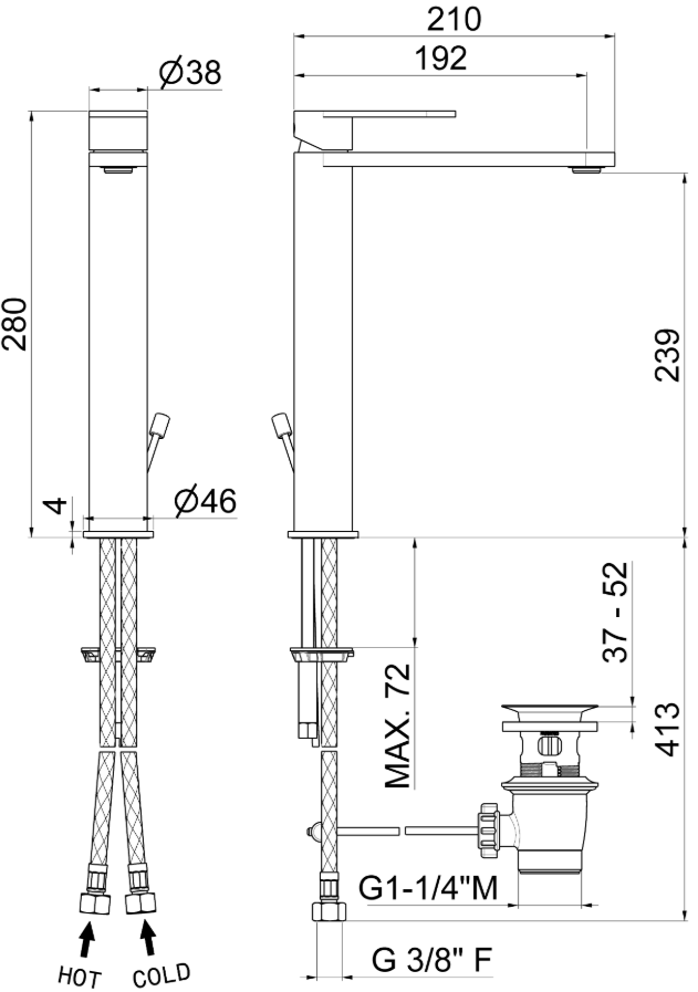 MISCELATORE MONOCOMANDO LAVABO ALTO VEMA AYAS STEEL ACCIAIO V28020 CON SCARICO