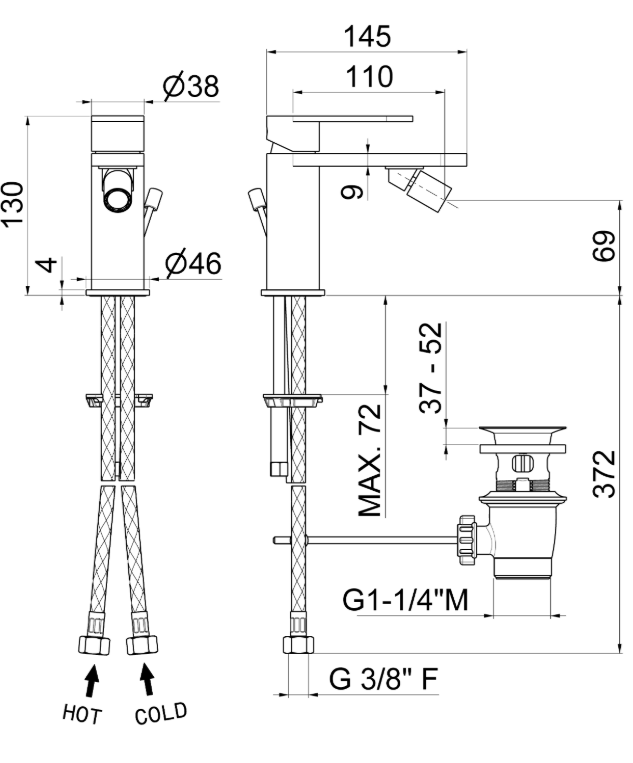 MISCELATORE MONOCOMANDO BIDET VEMA AYAS STEEL ACCIAIO V28070 CON SCARICO
