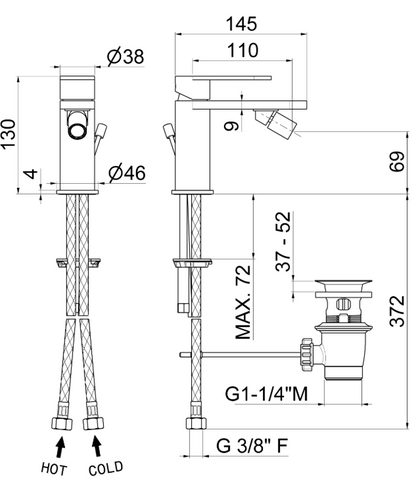 MISCELATORE MONOCOMANDO BIDET VEMA AYAS STEEL ACCIAIO V28070 CON SCARICO