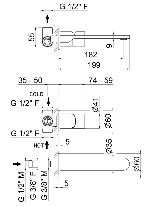 GRUPPO MISCELATORE MONOCOMANDO LAVABO A PARETE VEMA VENY STEEL ACCIAIO V29050