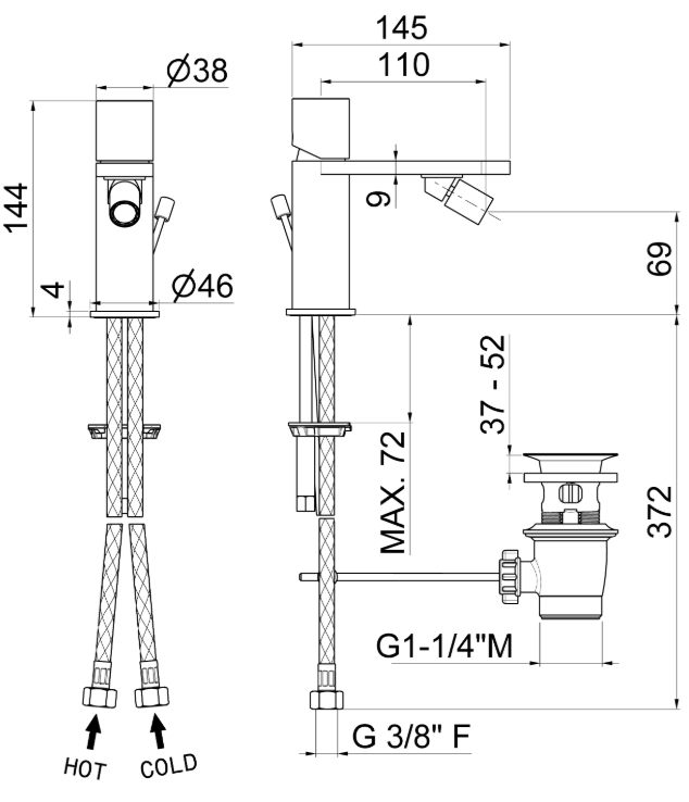 MISCELATORE MONOCOMANDO BIDET VEMA VENY STEEL ACCIAIO V29070 CON SCARICO