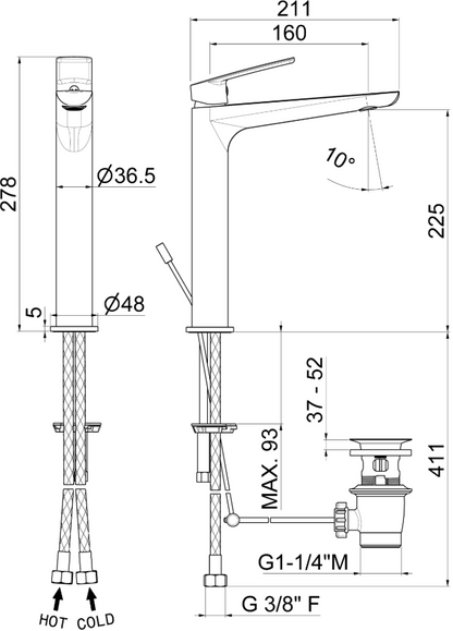 MISCELATORE MONOCOMANDO LAVABO ALTO VEMA OTEN OTTONE V30020 CON SCARICO