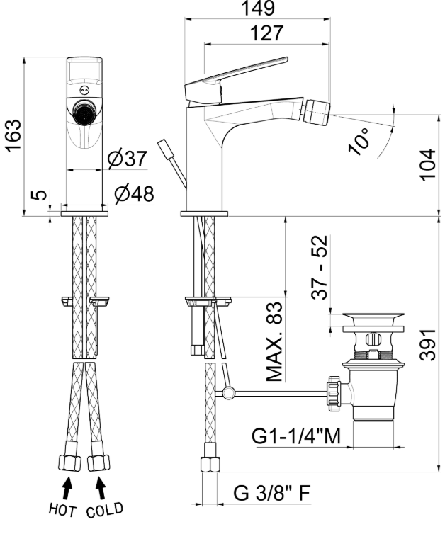 MISCELATORE MONOCOMANDO BIDET VEMA OTEN OTTONE V30070 CON SCARICO