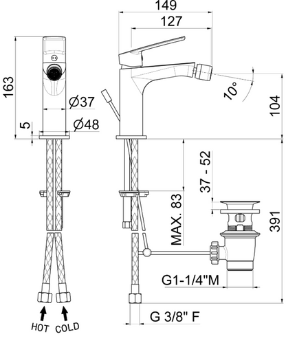 MISCELATORE MONOCOMANDO BIDET VEMA OTEN OTTONE V30070 CON SCARICO