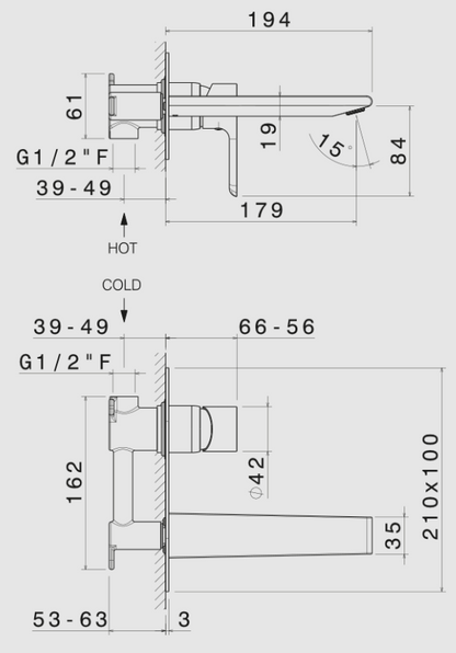 GRUPPO MISCELATORE MONOCOMANDO LAVABO A PARETE L. 180 mm VEMA SLATE OTTONE V14050