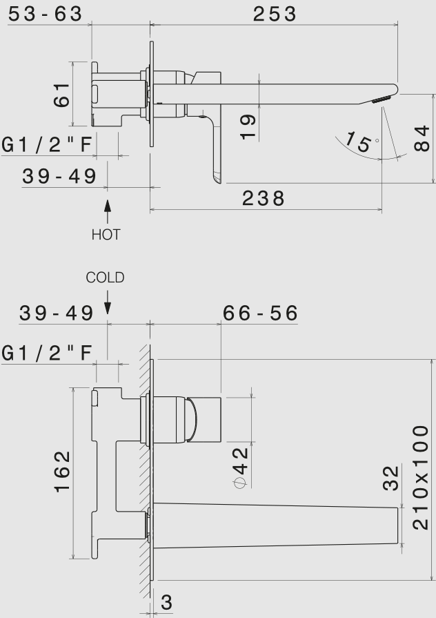 GRUPPO MISCELATORE MONOCOMANDO LAVABO A PARETE L. 240 mm VEMA SLATE OTTONE V14051