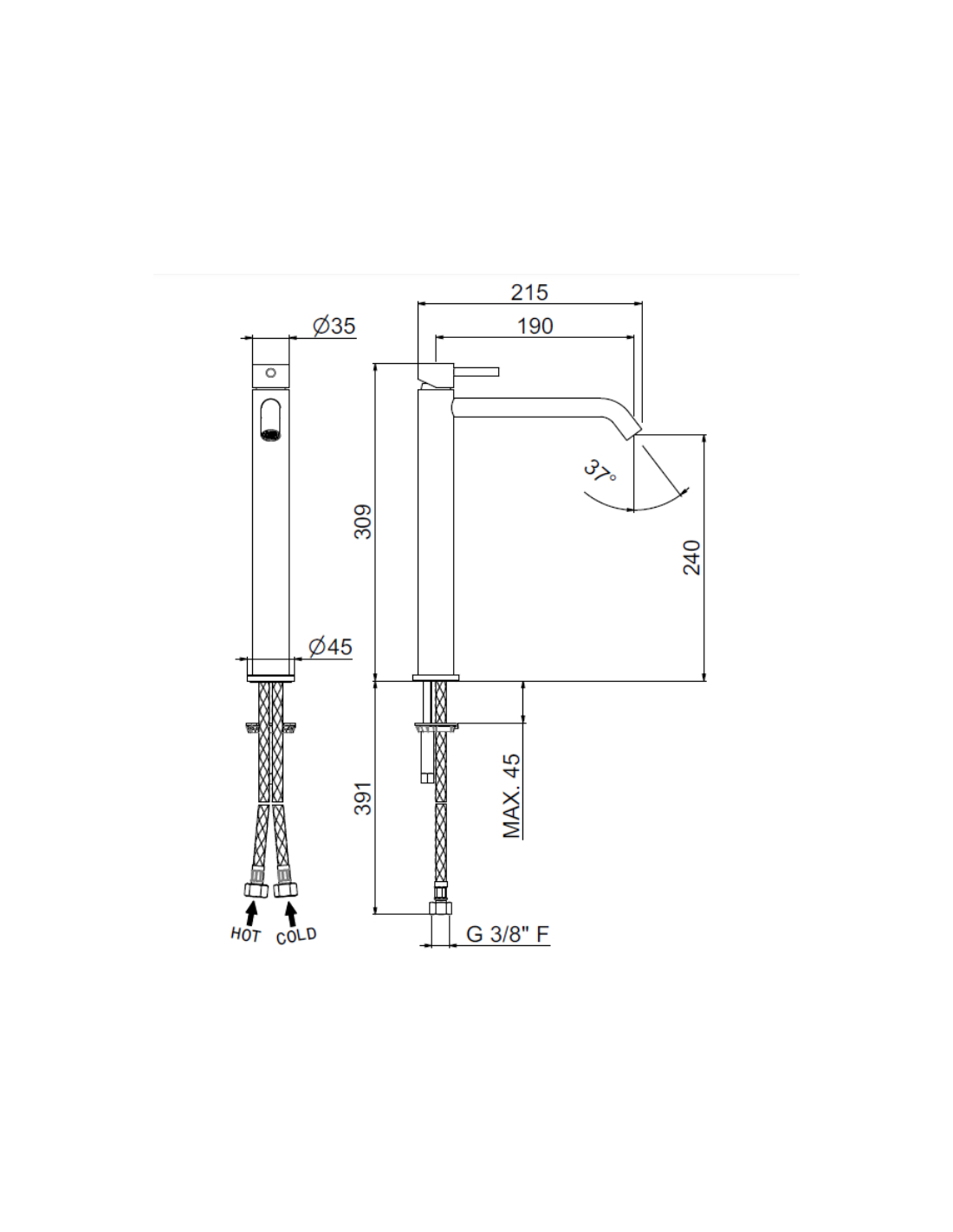 MISCELATORE MONOCOMANDO LAVABO ALTO VEMA OTAGO ACCIAIO V32021